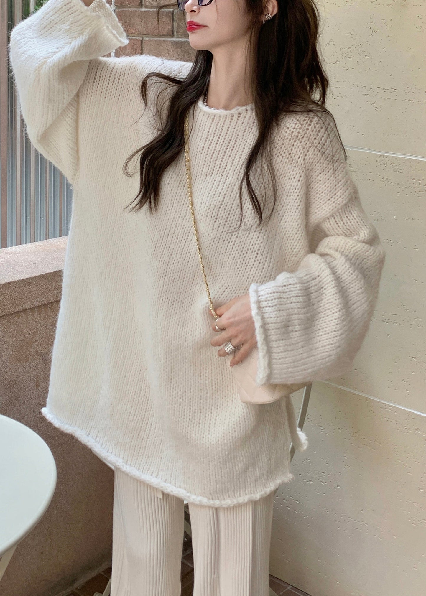 Beige O-neck Thick Cotton Knit Waistcoat Sweaters and Trousers Three Piece Set Winter