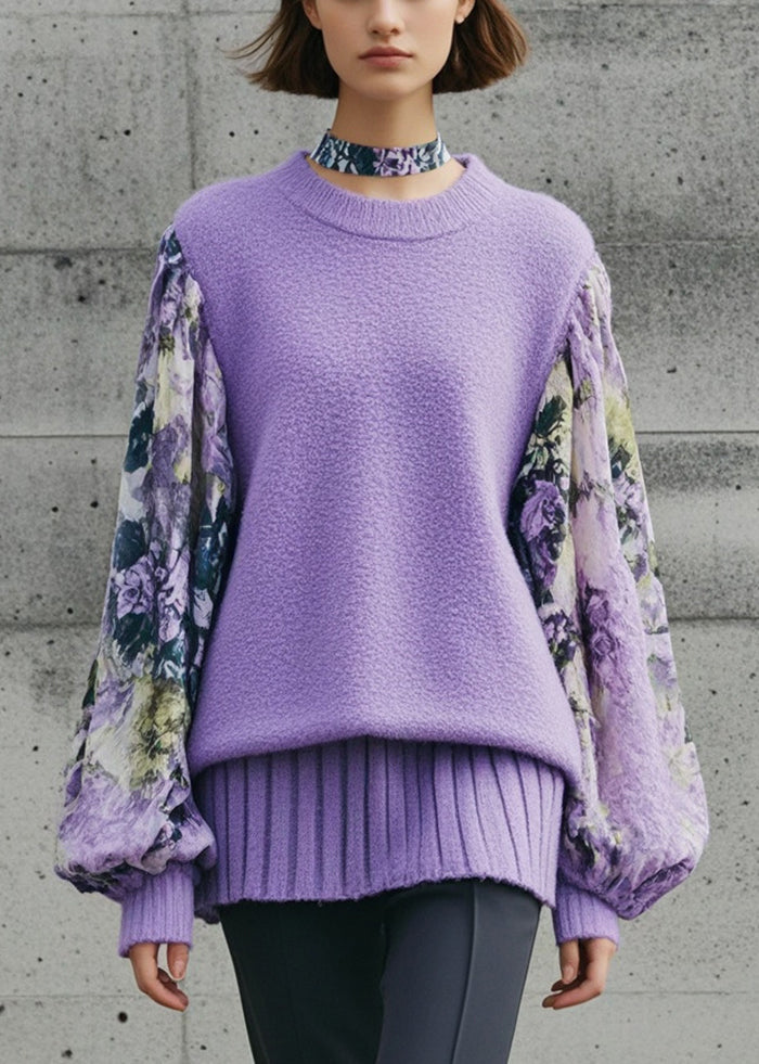 Purple Oversized Patchwork Print Knitted Tops Lantern Sleeve