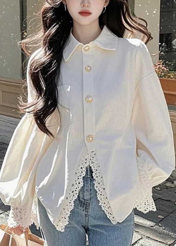 White Peter Pan Collar Lace Button Cotton Shirt Fall