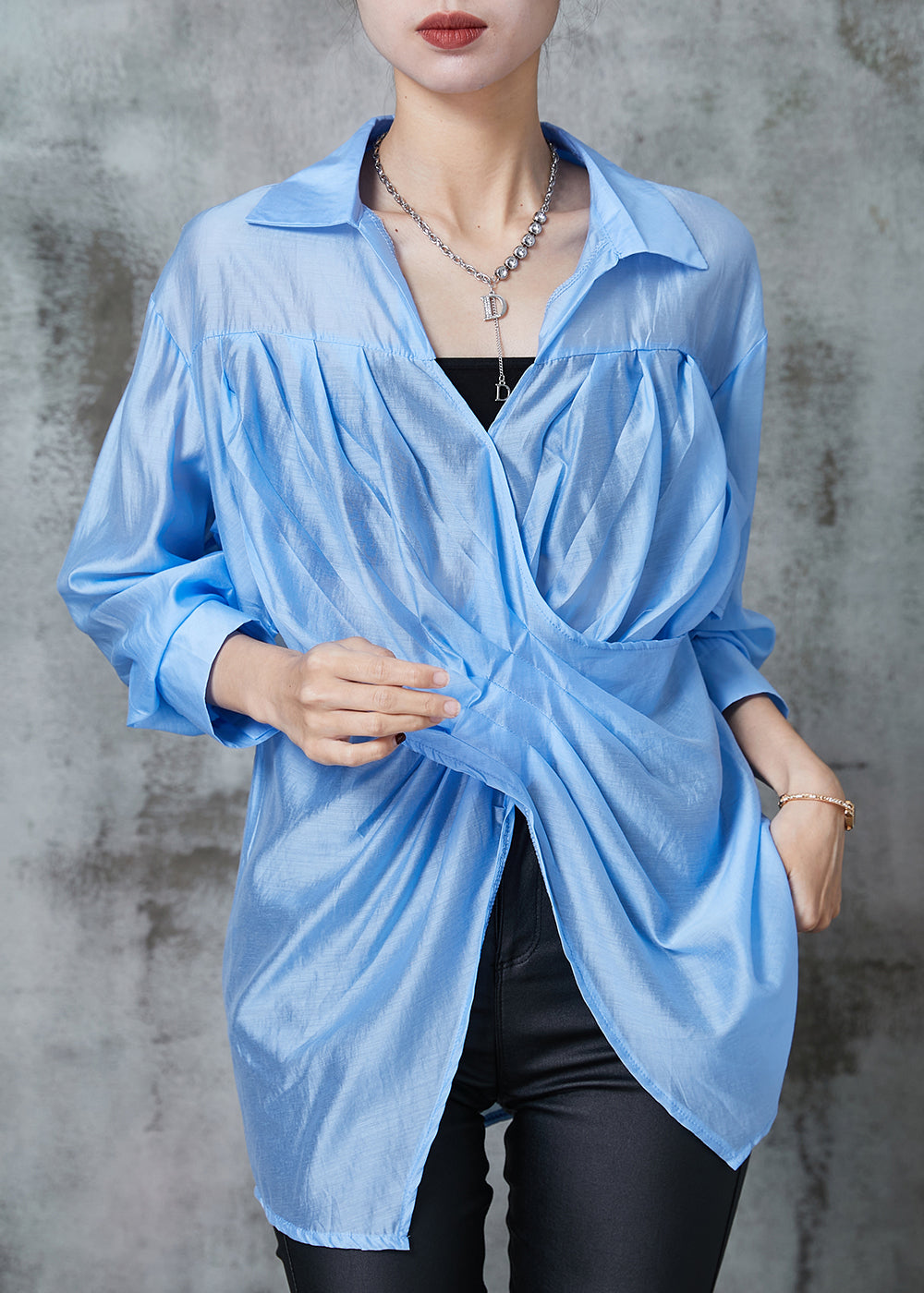 Fine Blue Asymmetrical Wrinkled Linen Blouse Top Summer