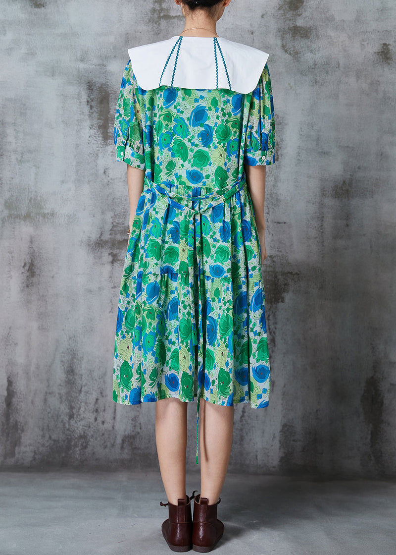 Green Peter Pan Collar Print Chiffon a Line Dress Summer