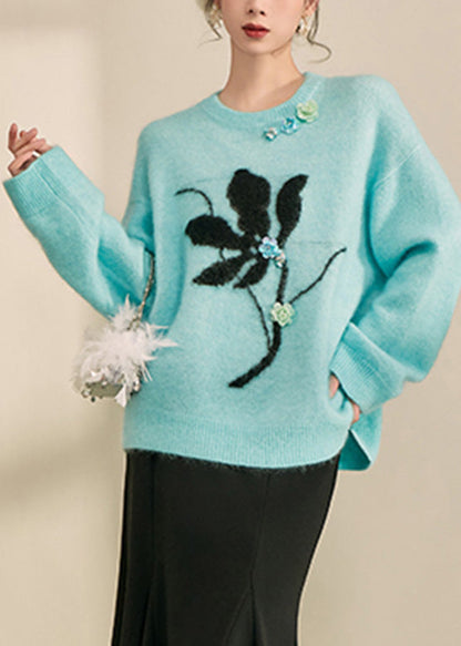 Natural Blue Print Cozy Cotton Knit Sweaters Fall