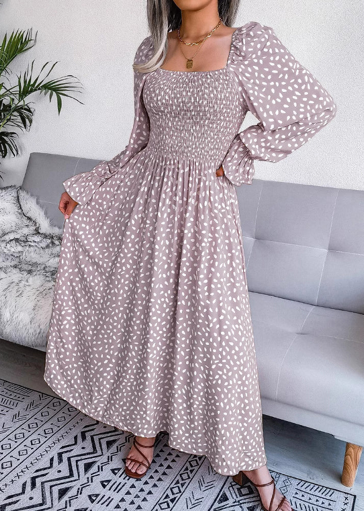 Red Square Collar Print Wrinkled Cotton Dresses Spring