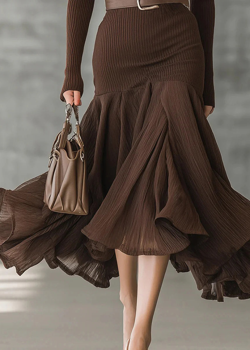Unique Chocolate V Neck Ruffled Patchwork Cotton Dress Fall