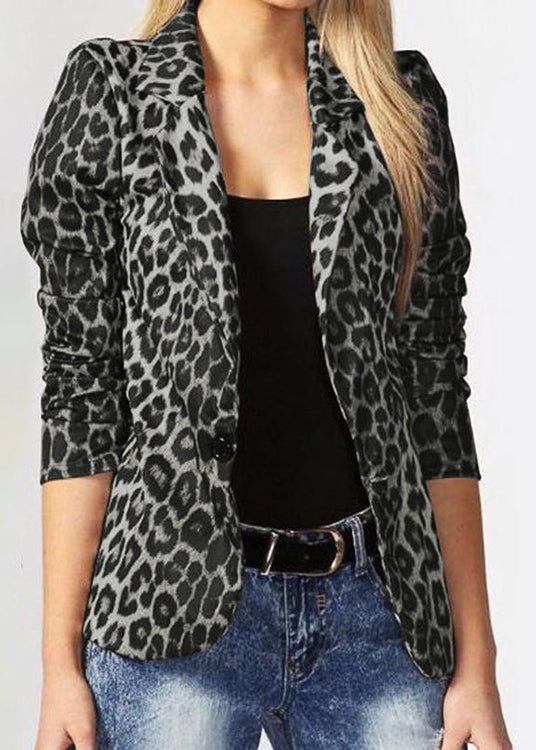 Brown Leopard Notched Cotton Suit Coat Fall