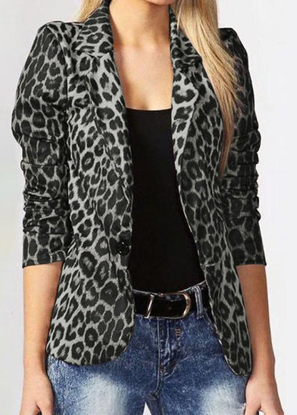 Brown Leopard Notched Cotton Suit Coat Fall