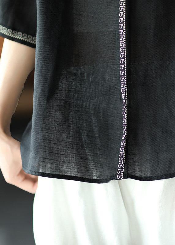 Natural Black O-neck Embroidered Summer Ramie Blouses Half Sleeve