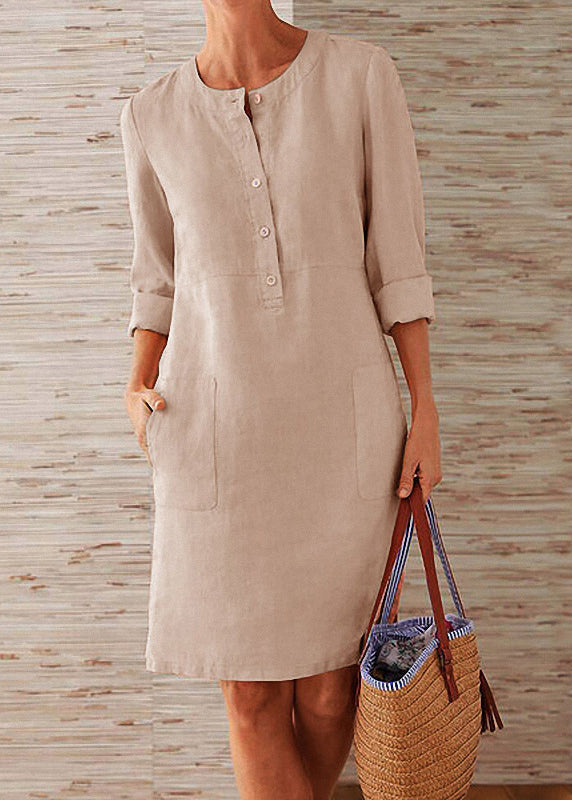 Orange O Neck Pockets Cotton Dress Fall