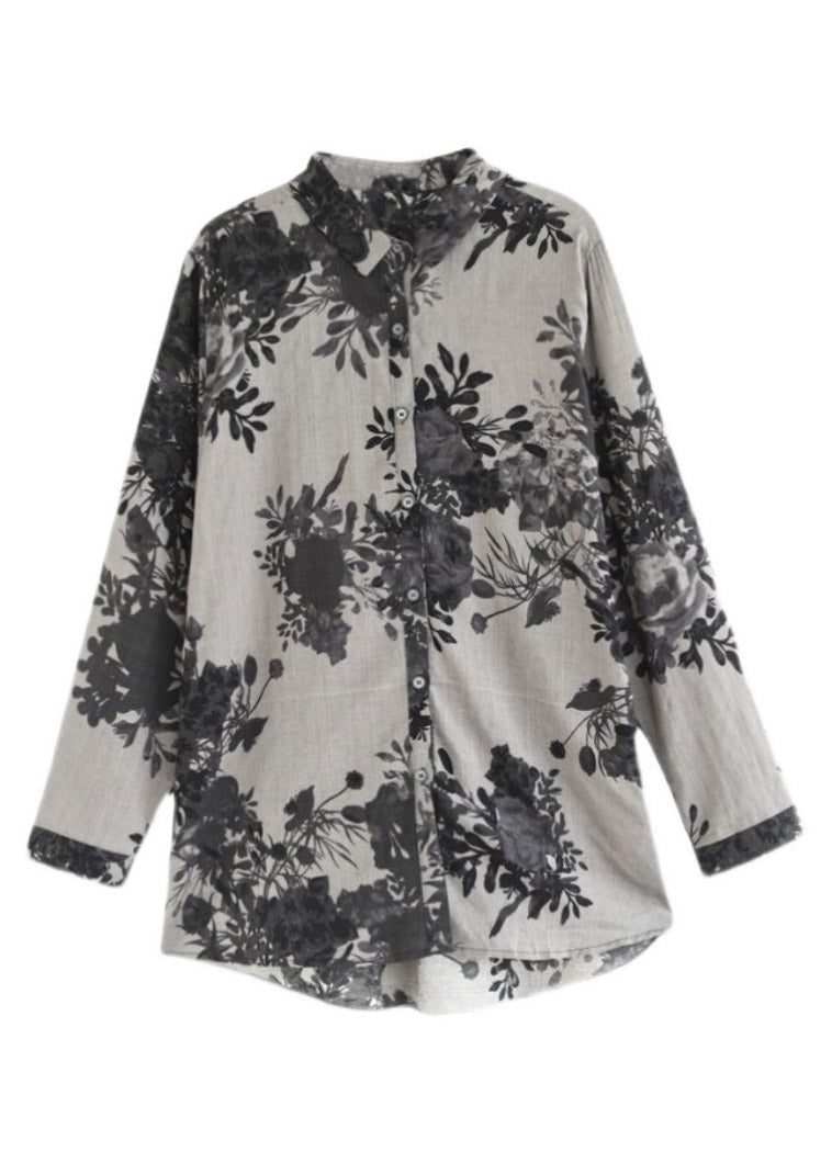 Organic Grey Peter Pan Collar Print Button Tops Long Sleeve