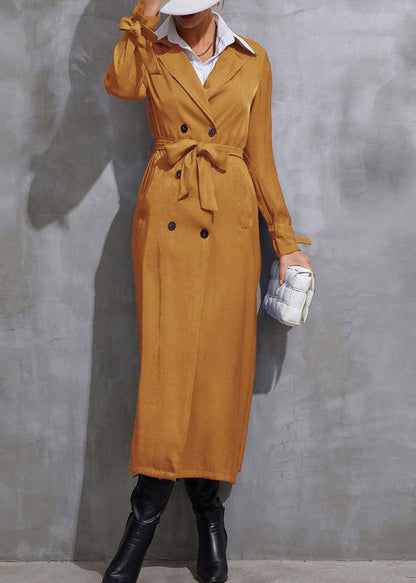 Yellow Peter Pan Collar Pockets Tie Waist Long Trench Fall