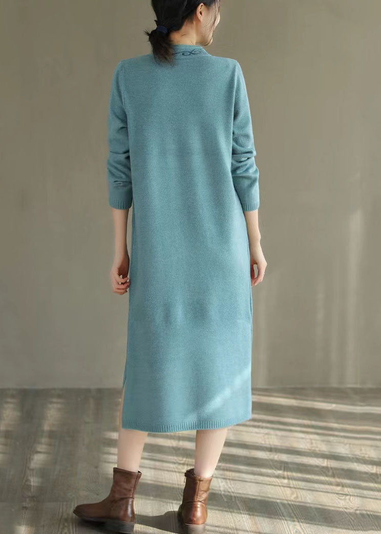 Blue Oriental Long Knit Dress Embroidered Side Open Winter