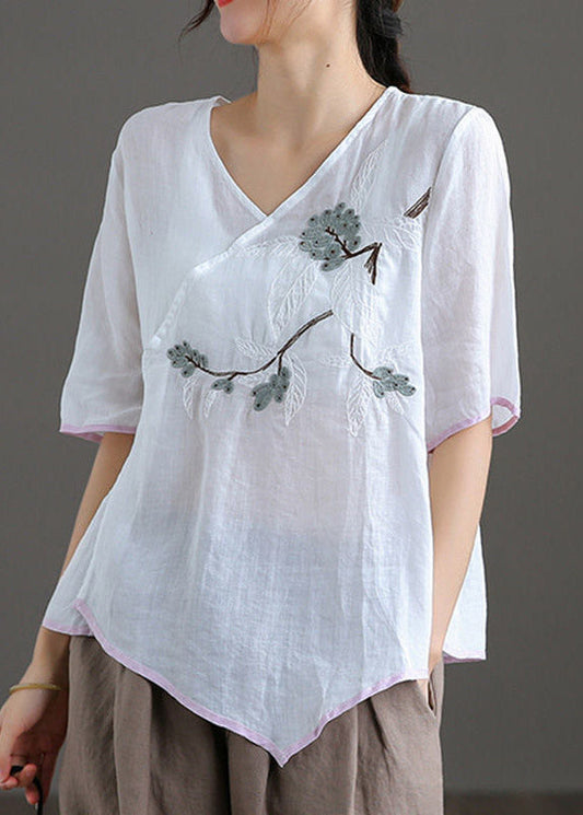 Fine White V Neck Embroidered Linen Top Short Sleeve