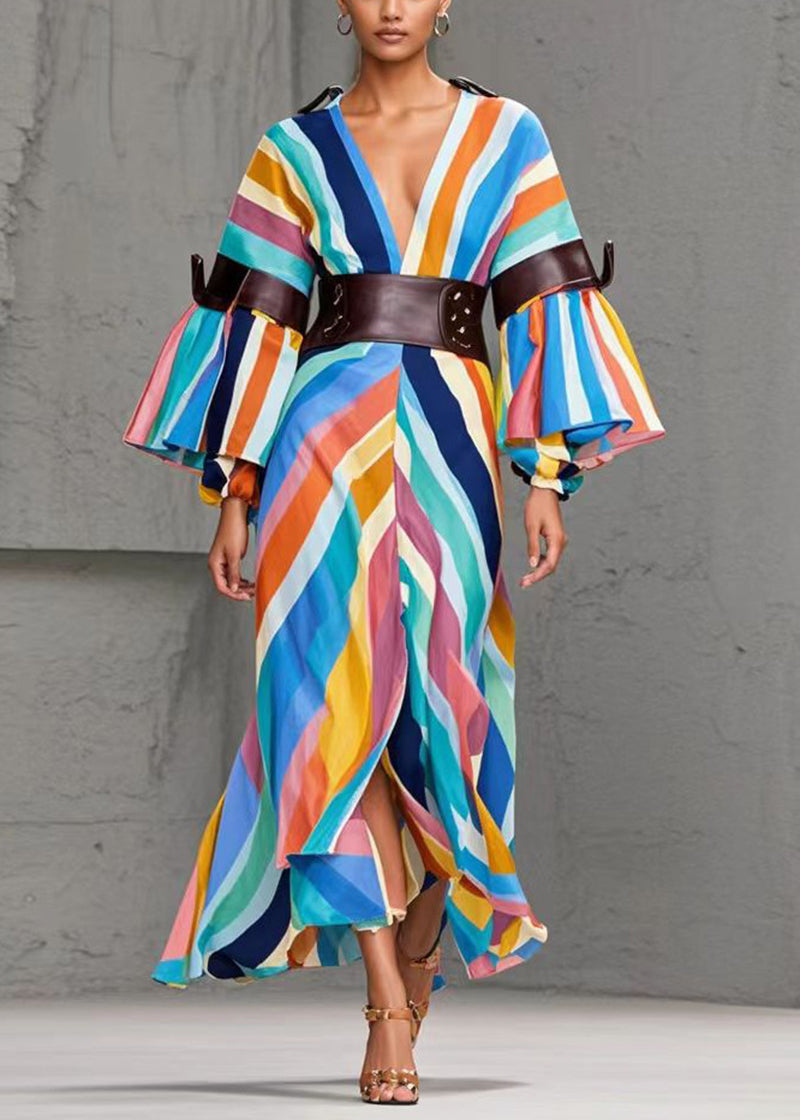 Rainbow Striped Side Open Cotton Cinched Dresses Fall