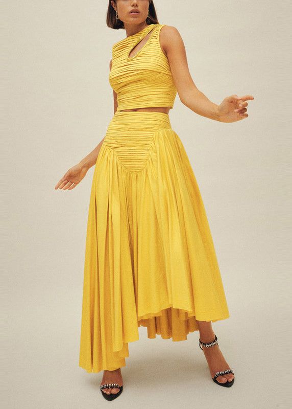 Yellow Zippered Tank and Skirts Cotton Two Pieces Set Wrinkled Summer