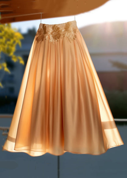 New Orange Embroidered High Waist Silk Skirt Spring