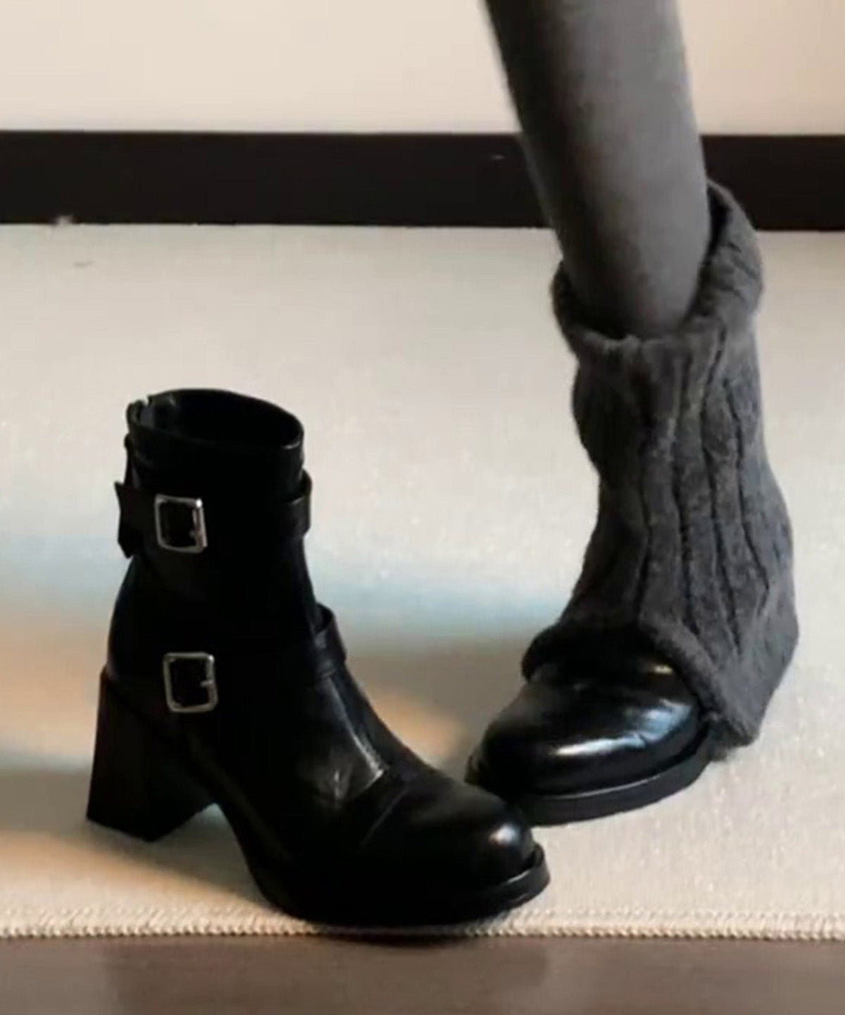 Stylish Black Cowhide Leather Splicing Chunky Heel Boots