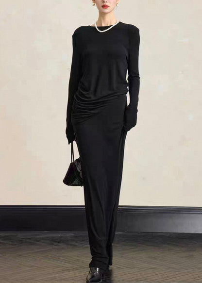 Simple Black O Neck Tops and Skirts Cotton Two Pieces Set Fall