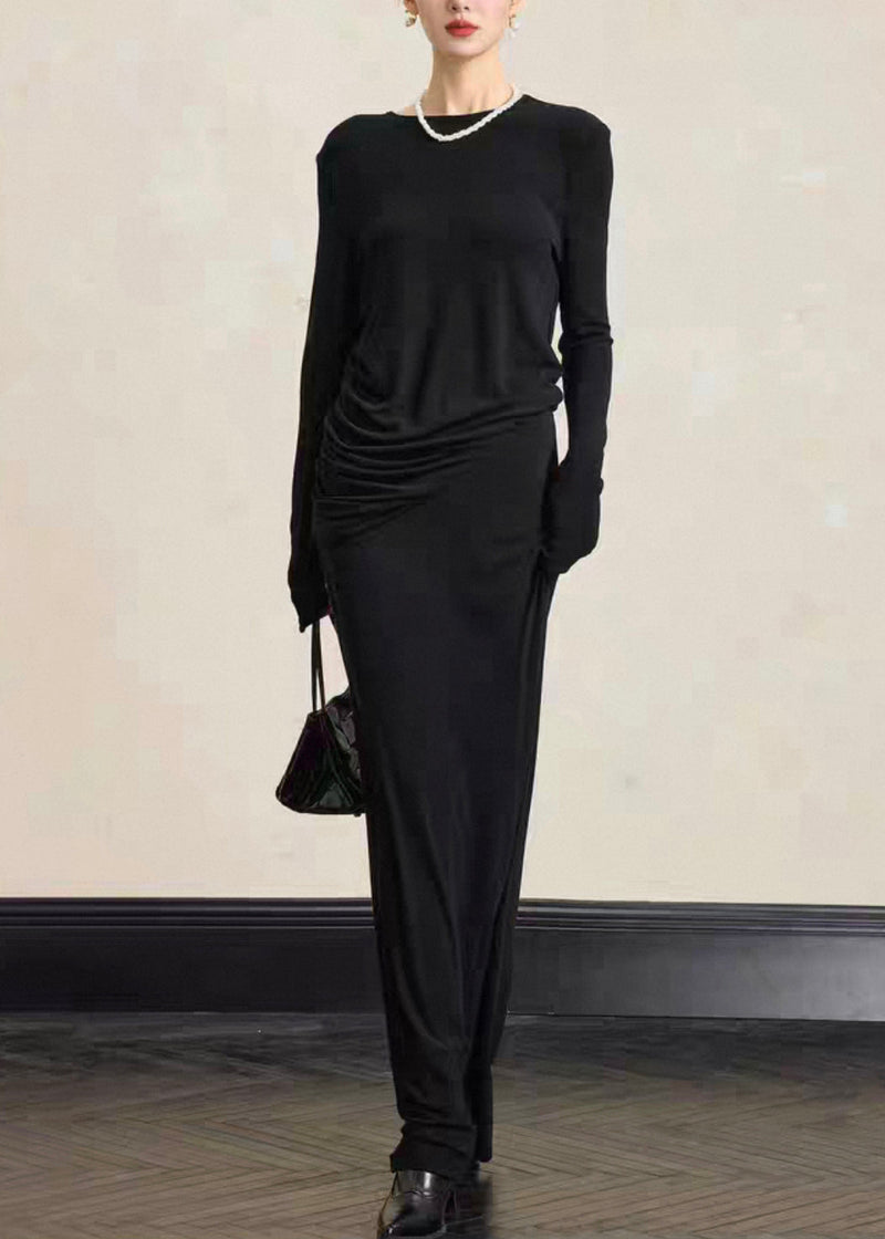 Simple Black O Neck Tops and Skirts Cotton Two Pieces Set Fall