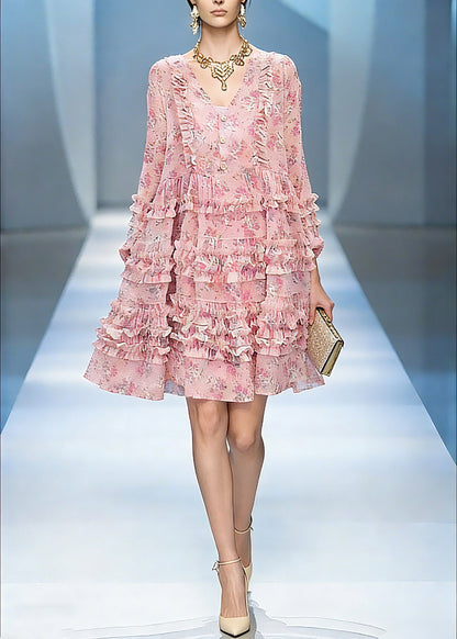 French Pink V Neck Long Cake Dress Lantern Sleeve
