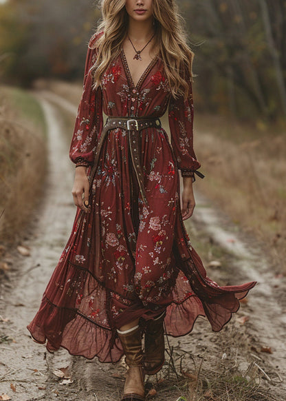 Mulberry V Neck Print Chiffon Long Dress Fall