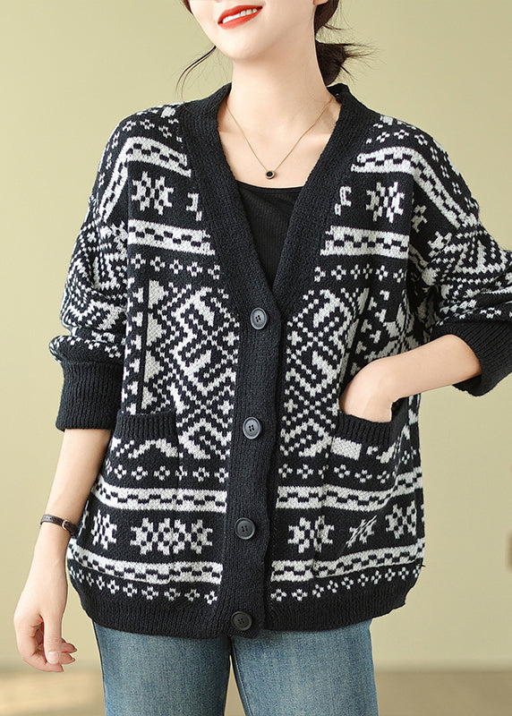 Black Oversized Print Knit Cardigan Spring