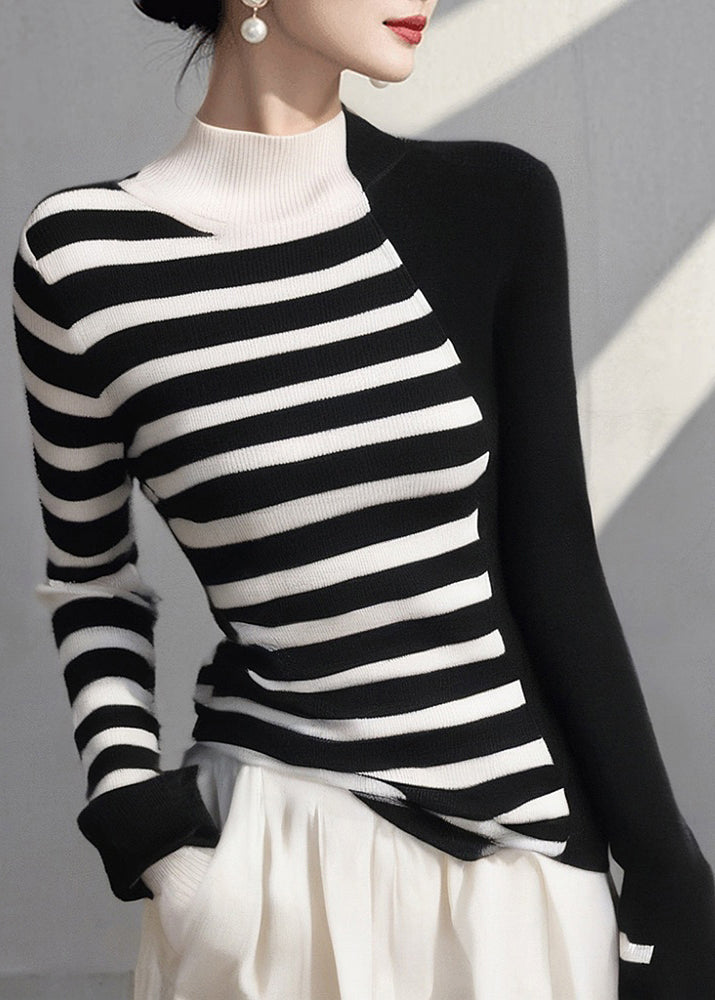 Colorblock Hign Neck Striped Knit Sweaters Spring