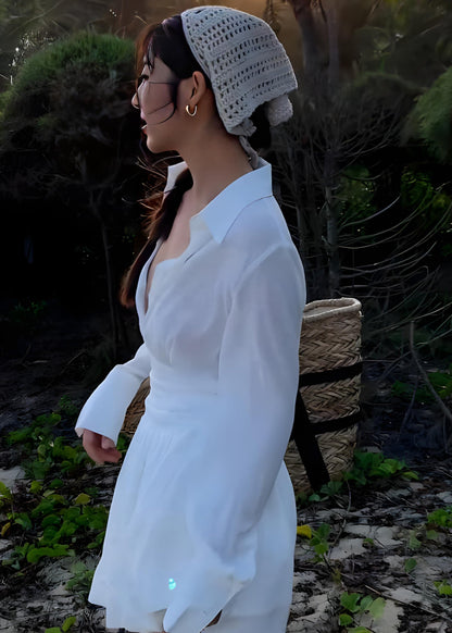 French White V Neck Shirt and Skirts Two Piece Set Fall