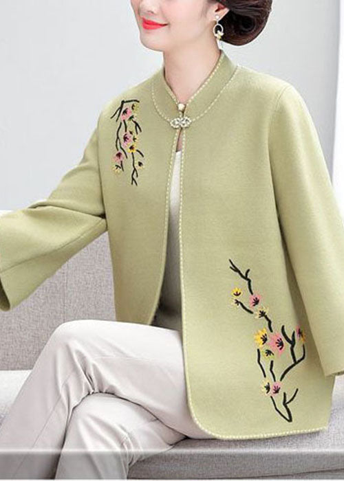 Light Green Stand Collar Embroideried Woolen Loose Cardigan Fall