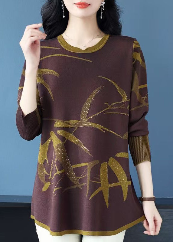 New Coffee O-neck Print Zircon Knit Sweaters Spring