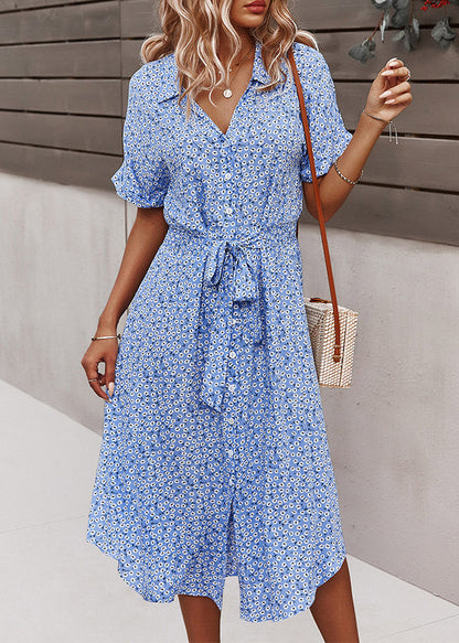 Green Peter Pan Collar Print Lace Up Cotton Dresses Summer