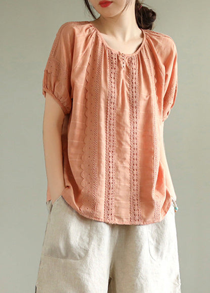 Orange O-neck Button Cotton Top Summer