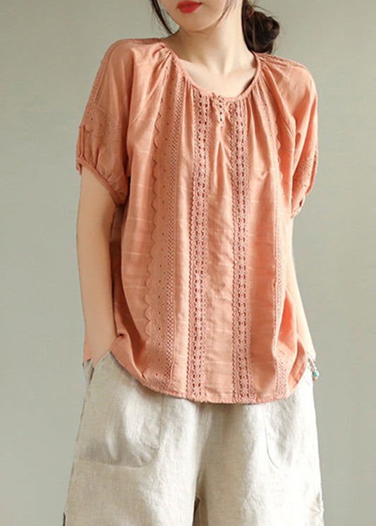 Orange O-neck Button Cotton Top Summer