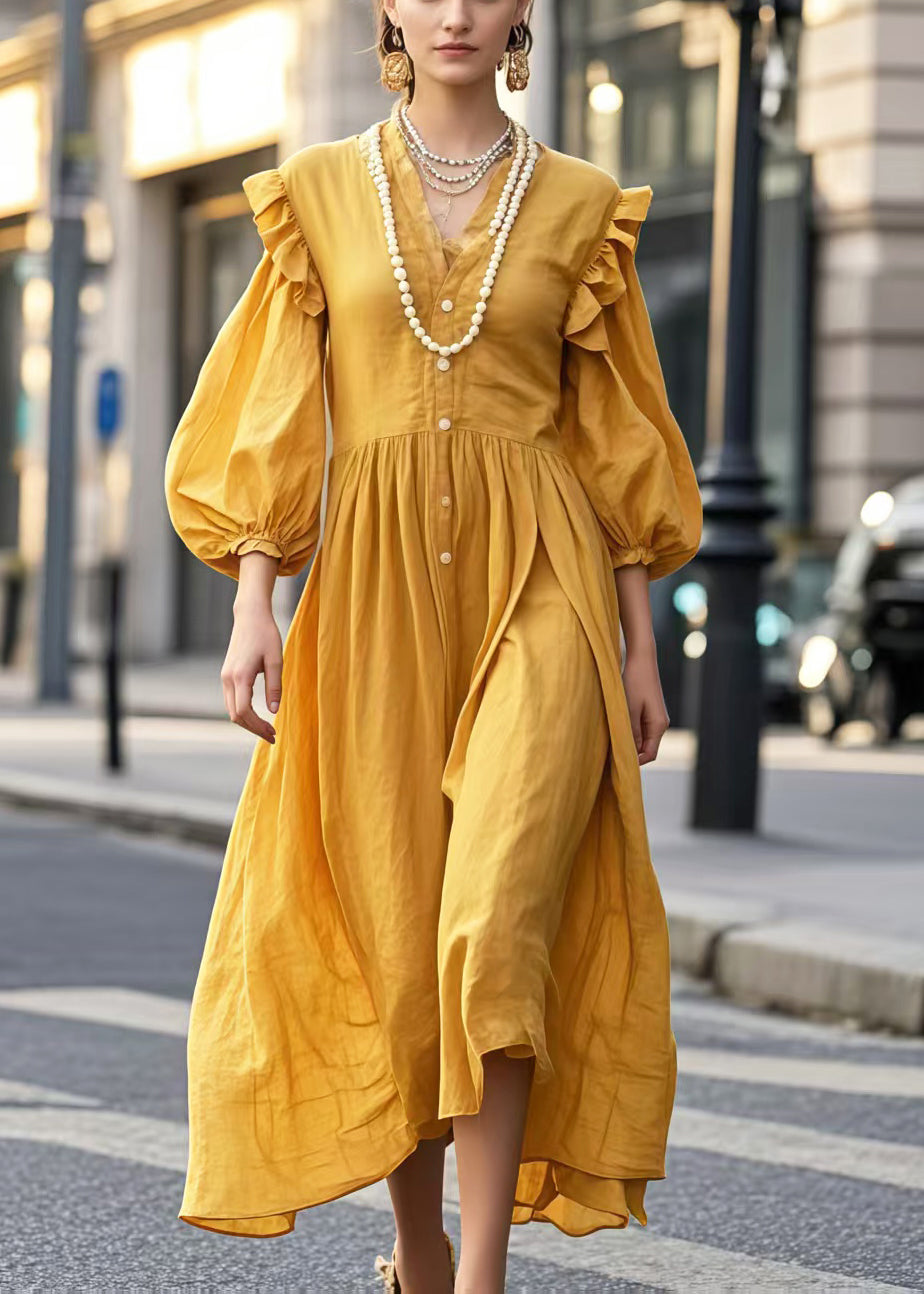 Yellow V Neck Cotton Holiday Dress Lantern Sleeve