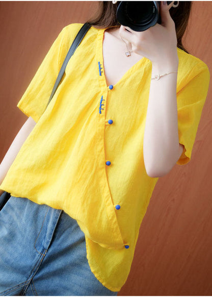 Yellow V Neck Embroidered Cotton Blouses Short Sleeve