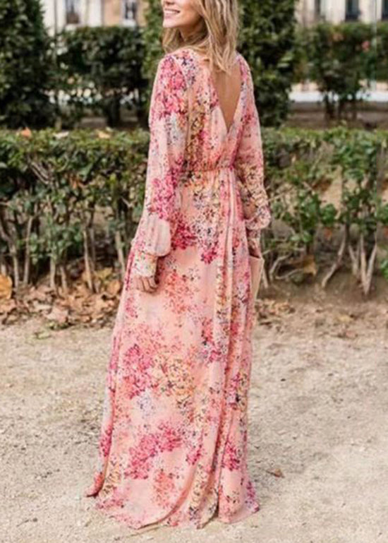 Pink V Neck Print Cotton Long Dress Fall