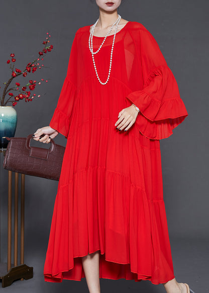 Red Oversized Exra Large Hem Chiffon Dresses Flare Sleeve