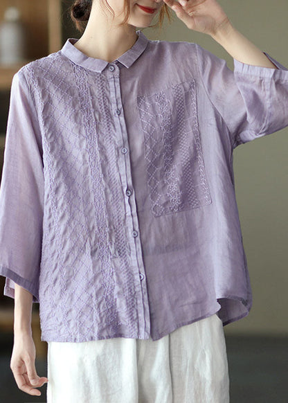 Natural Purple Peterpan Collar Button Embroidered Fall Top Long Sleeve