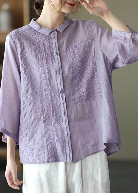 Natural Purple Peterpan Collar Button Embroidered Fall Top Long Sleeve