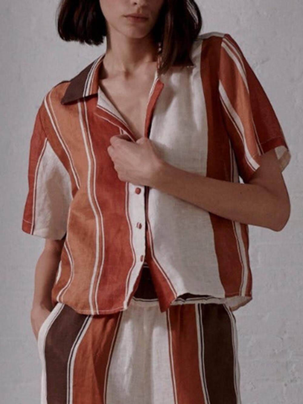Striped Print Loose Wide Patchwork Button-down Shirt