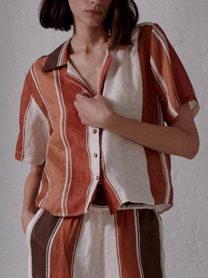Striped Print Loose Wide Patchwork Button-down Shirt