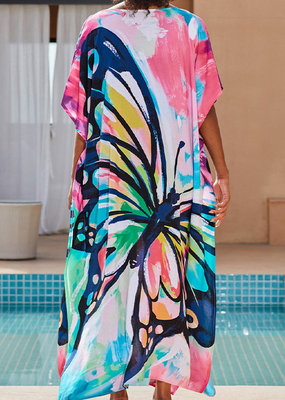 V Neck Butterfly Print Cotton Long Dress Summer