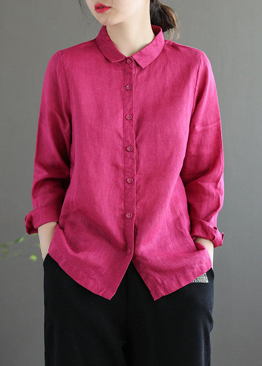 Rose Peter Pan Collar Color Single Breasted Linen Shirt Top Fall