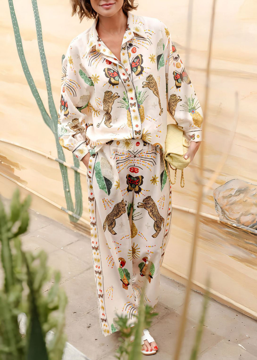 Apricot Print Button Shirts and Straight Pants Two-piece Set Lantern Sleeve