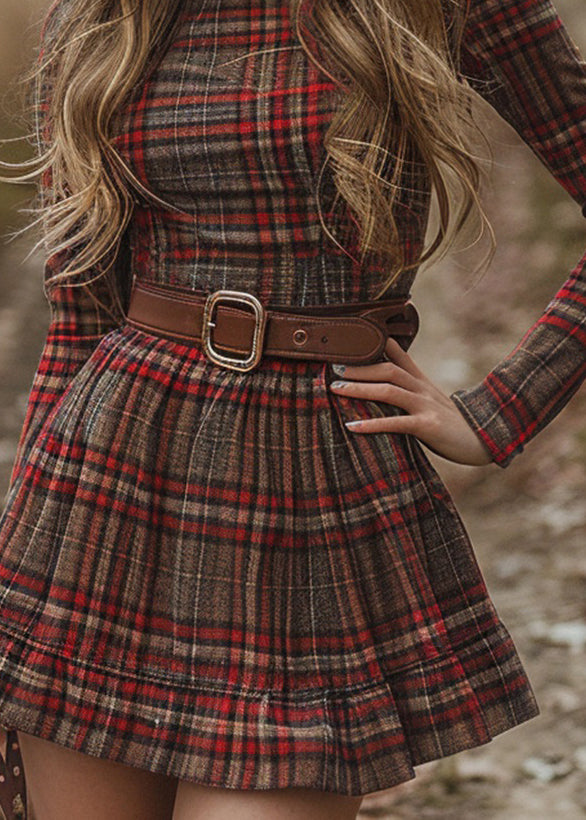 Red Hign Neck Plaid Cotton Mini Dress Spring
