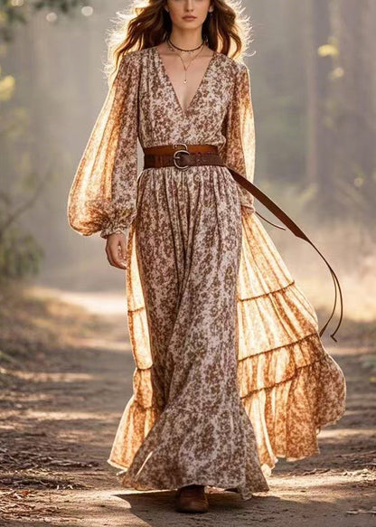 Khaki Cinched Print Cotton Vacation Dresses Lantern Sleeve