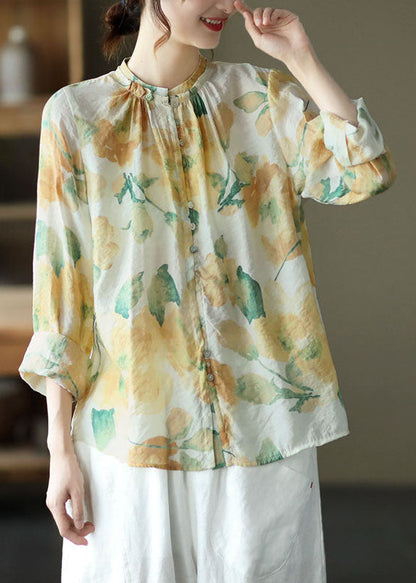Green Print Wrinkled Button Patchwork Cotton Top Spring