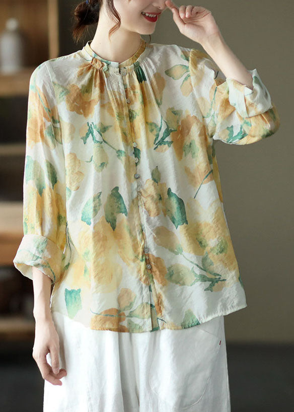 Green Print Wrinkled Button Patchwork Cotton Top Spring