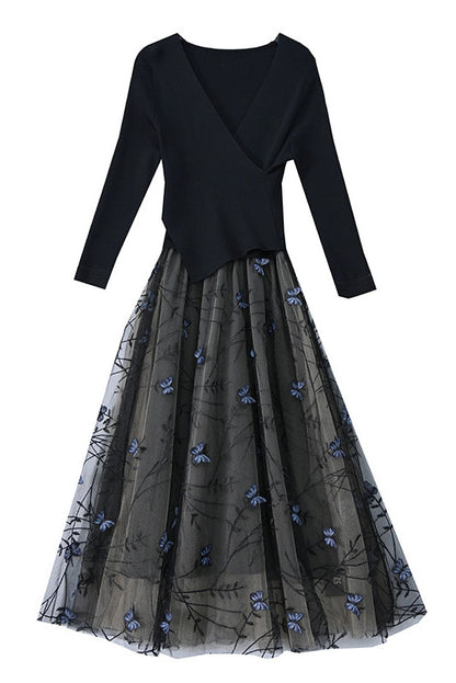 French Long Sleeve Knitted Mesh Embroidery Dress