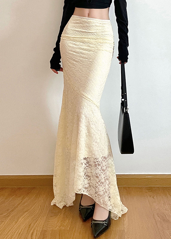 White Wraped Silm Fit Lace Fishtail Skirts Spring