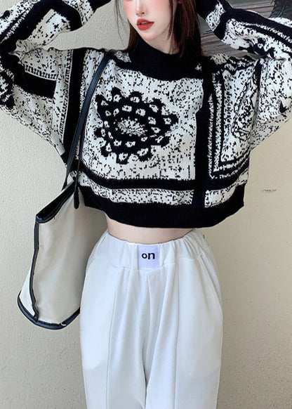 Black Oversized Jacquard Knit Short Sweater Spring
